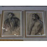 A pair of charcoal portraits, with heightened white, of a don and a bearded man,