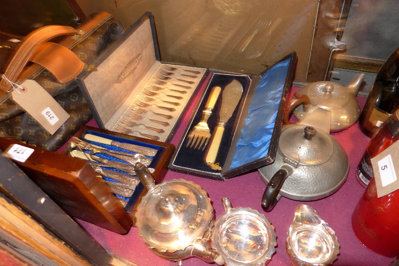 Three cased silver plated serving sets together with similar silver plated items and two pewter tea