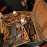 A large collection of vintage carpenters tools in painted pine toolbox.