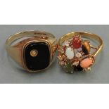 Two gold dress rings, one 9ct set onyx centre,