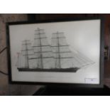 A detailed nautical drawing of 'The Clipper Ship', titled 'Cutty Shark',