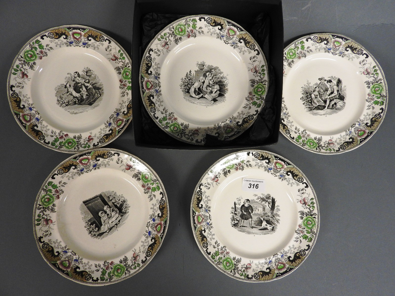 A set of six French Creil et Montgreau cabinet plates with floral border