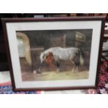 A print study of horses and a dog in a stable,