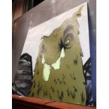 A contemporary school spray paint on board study of a green bogey monster