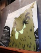 A contemporary school spray paint on board study of a green bogey monster