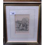 A framed drawing of a riverside property