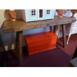 A vintage elm butchers block, raised on