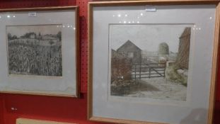 A Gillian Stroudly etching, farmyard sce