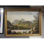 Morris Keevil, oil on canvas Mountaineous river scene, 'View of Derwent Water', gilt framed,