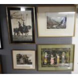 A set of three framed pictures to include a watercolour landscape,