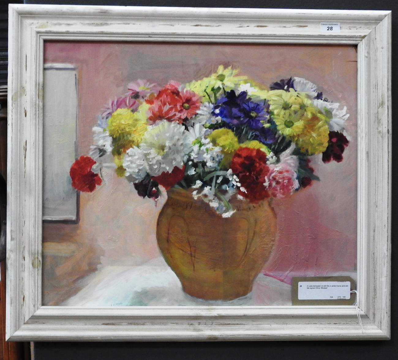 A Laila dempster oil still life in white frame and still life signed Olivia 'Modest' - Image 2 of 2