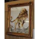 A large embroidered study of a lion in gilt frame