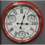 A large wall clock with red surround and with three international clock dials for New York,