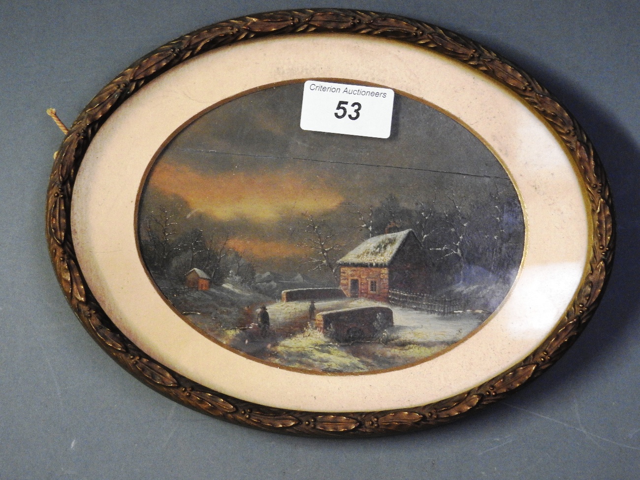 An oval oil on panel winter scene, - Image 2 of 2