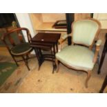 An Edwardian mahogany corner chair, a Louis XVI style fauteuil,