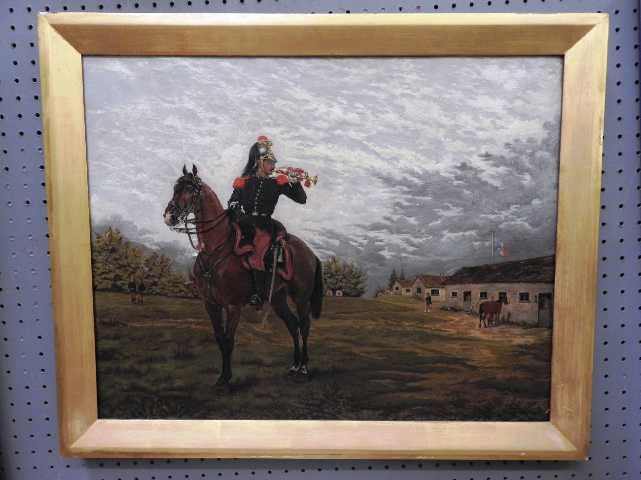 An oil on board of buglar on horseback within gilt frame