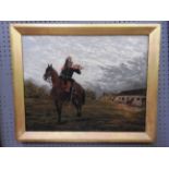 An oil on board of buglar on horseback within gilt frame