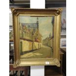 A 20th Century oil on board of a street scene in gilt frame