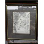 A pencil sketch of a town scene, glazed and framed.