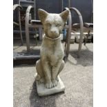 A pair of reconstituted stone seated elegant cats on square plinth bases (2)