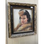 Douglas Swainson, oil on board portrait of a lady wearing her furs,