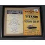 A framed copy of the Titanic menu and a period newspaper regarding the Titanic