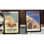 A framed Monaco poster and framed Monza motor racing poster