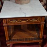 A Continental inlaid walnut centre table the square marble top above single drawer and undertier on