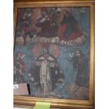 An antique Peruvian oil on canvas, Religious scene with many saints, in a gilded and moulded frame.