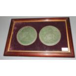 Two green reproduction Great Seals contained in one framed mount, depicting Elizabeth First.