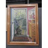 An interior oil on canvas scene overlooking the garden, unsigned,