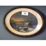 An oval oil on panel winter scene, withi