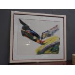 A Contemporary German school abstract print of a polychromatic brush stroke, signed lower right,