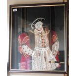 A framed and glazed large embroidery illustrating Henry VII in jewelled costume.