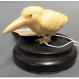 An early 20th Century Japanese ivory kingfisher on ebony base