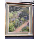 A 20th Century school, oil on board of a garden scene, in a green and gilt frame,