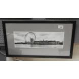A framed original black and white photograph of the London Eye and County Hall,