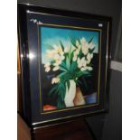 A limited edition print flowers within blue frame