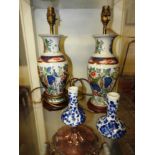 Two blue and white vases together with two Oriental table lamps (4)