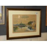 A framed and glazed watercolour of an English town beside a river with a church spire beyond,