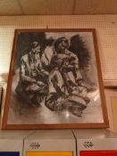 WITHDRAWN A large glazed and framed charcoal study by Tamor Kriwaczek,