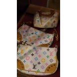 Three Louis Vuitton style white leather ladies bags with multicoloured detail