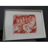 A framed red lithograph of figures resti