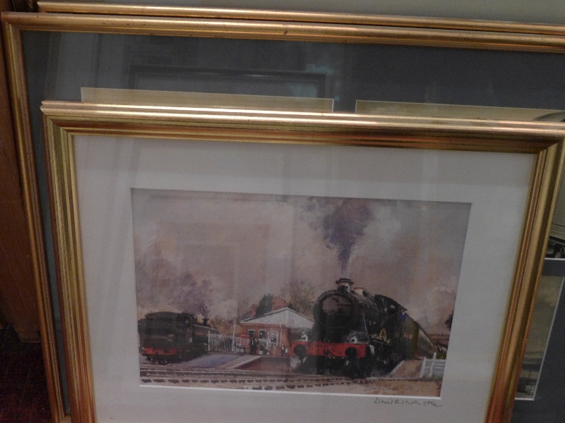 Two locomotive prints together with two