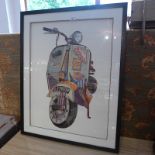 A glazed and framed pop up layered print of a Lambretta