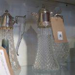 Two silver plated and cut glass claret jugs together with a similar cut glass decanter with stopper