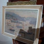 An oil on board, boats in a harbour and an oil on canvas,