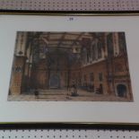 A glazed and framed lithograph, interior
