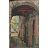 An interesting early 20th Century oil on board study of a passageway signed Hill