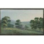 A 19th Century British detailed watercolour of an English countryside landscape scene, with hills to